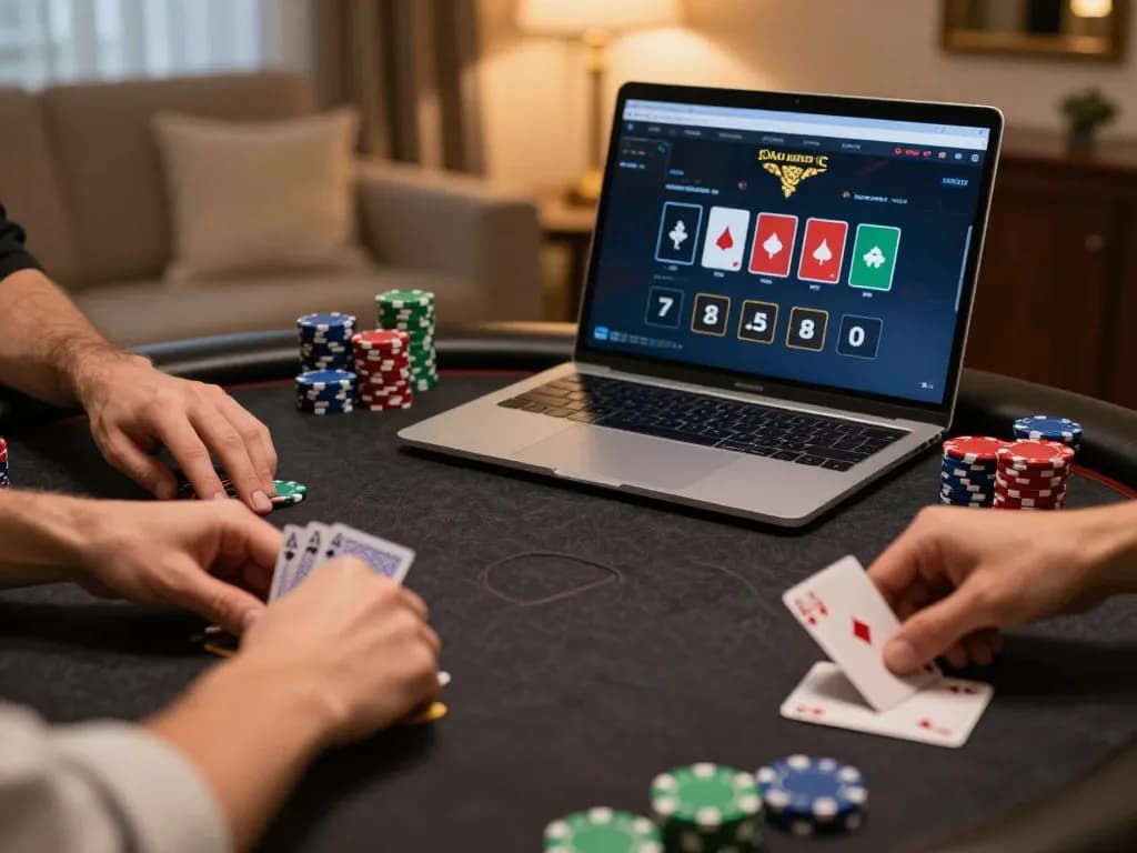 cm88seo players strategizing during an online poker game in a cozy home setting