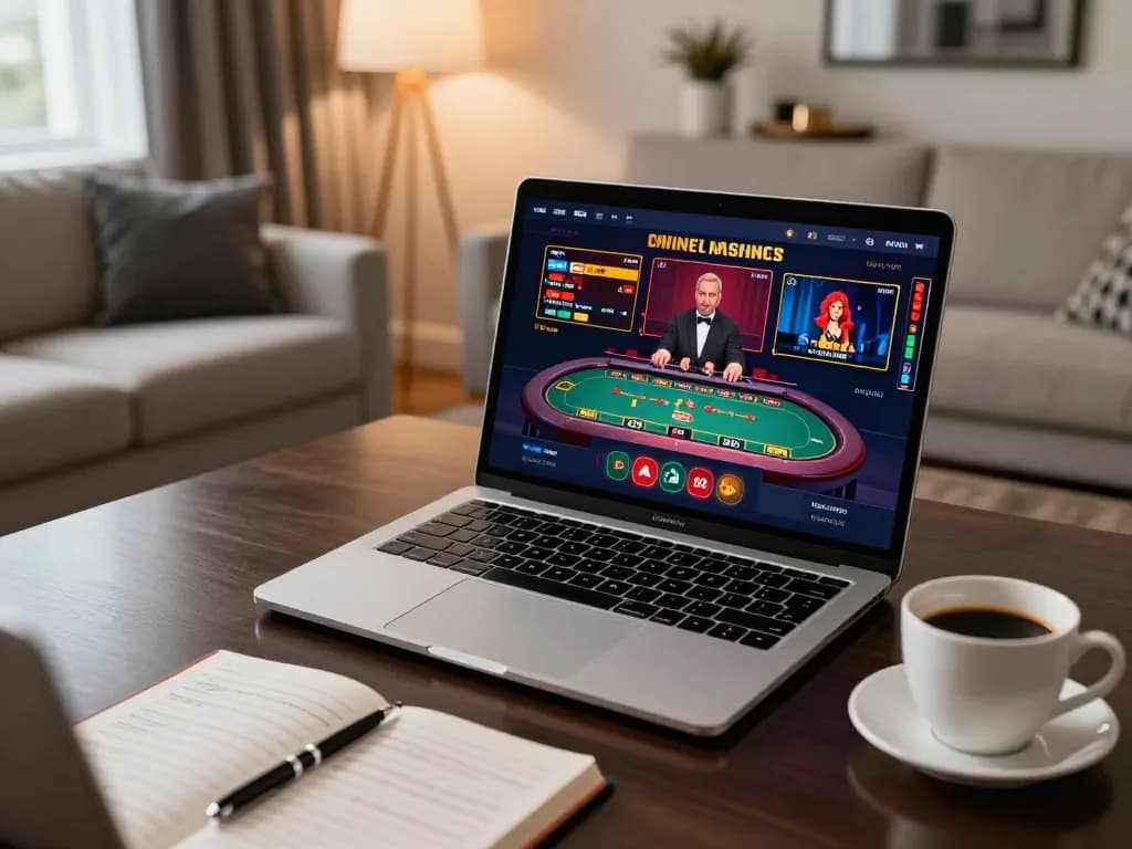 The player enjoys gaming at the best online casinos in Canada while analyzing strategies with a laptop