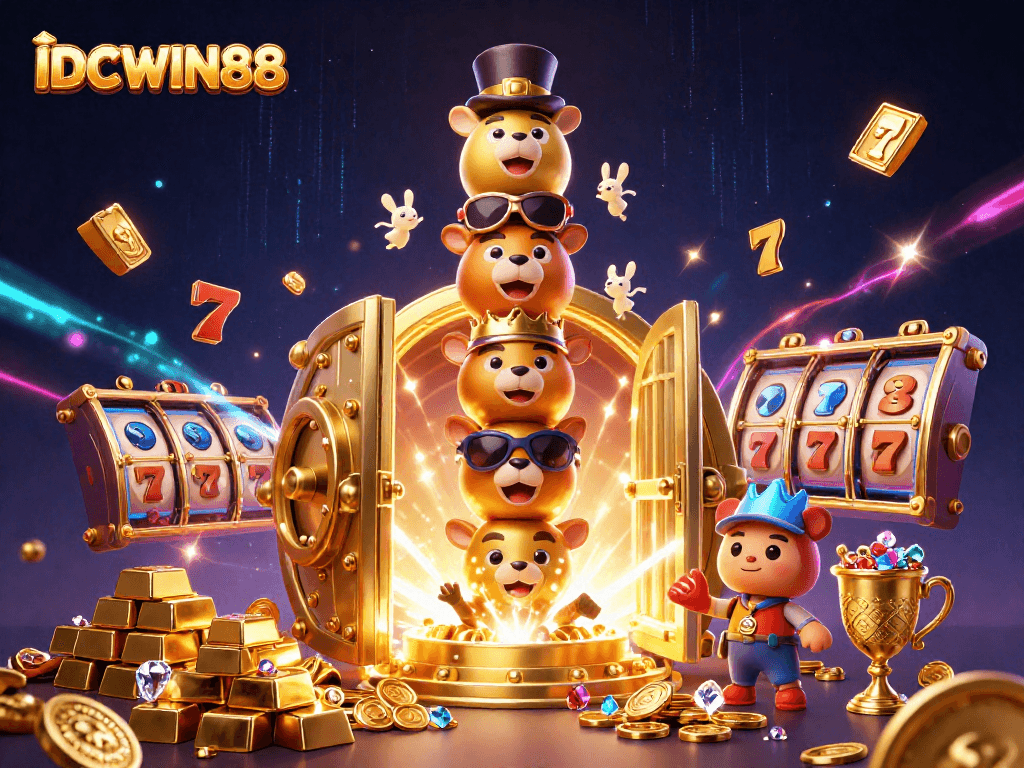 Experience thrilling gameplay at IDCWIN88 with a vibrant 3D casino scene featuring dynamic elements and gaming symbols.