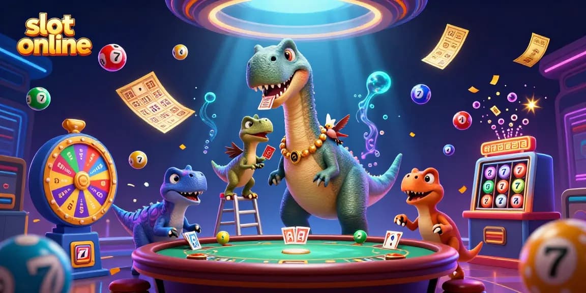 Engage with slot online thrilling action as a brontosaurus looks down at a vibrant casino scene.
