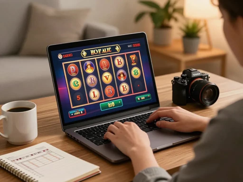 Engagingly playing slots on vegasslot77 with a cozy home setup showcasing strategy notes.