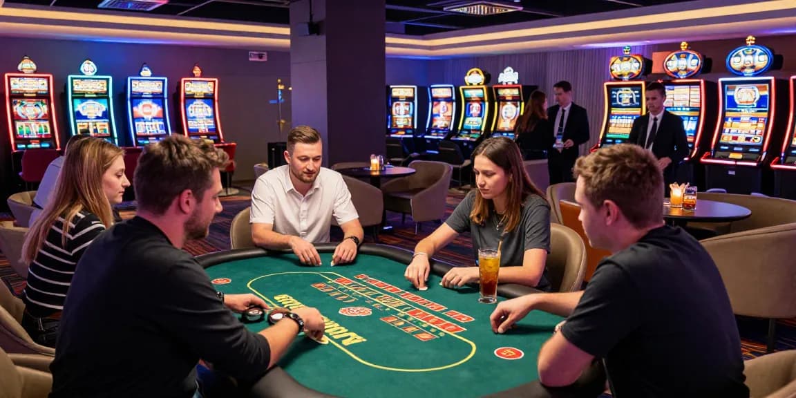 B52 gaming experience with players at poker and Sicbo tables in a vibrant casino environment.