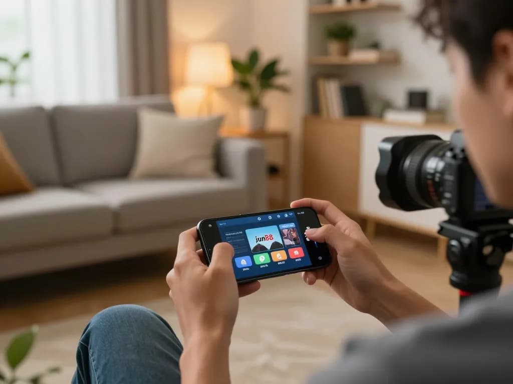 Engaging player using jun88 mobile app for online gaming in a cozy setting.