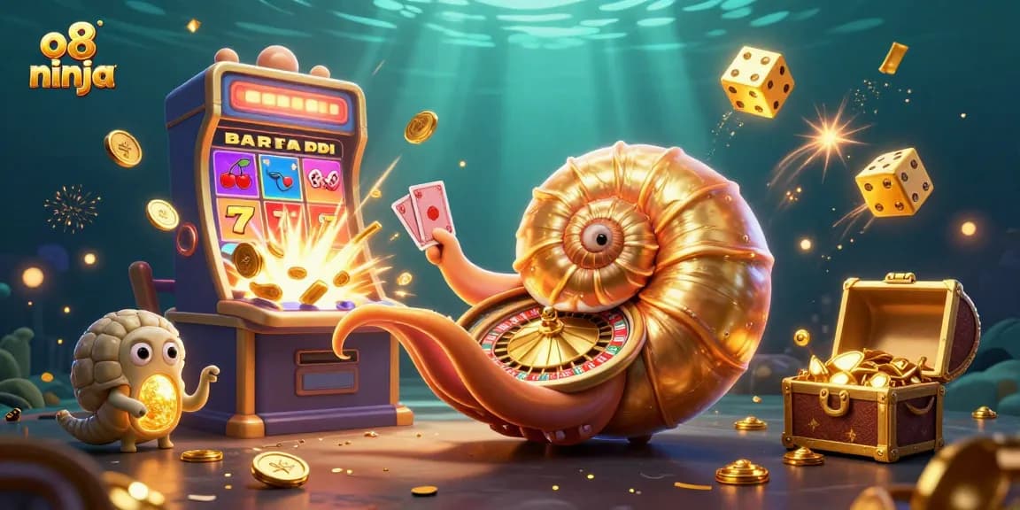 Experience excitement at o8 ninja with a vibrant 3D casino scene featuring a giant roulette nautilus and slot machines.