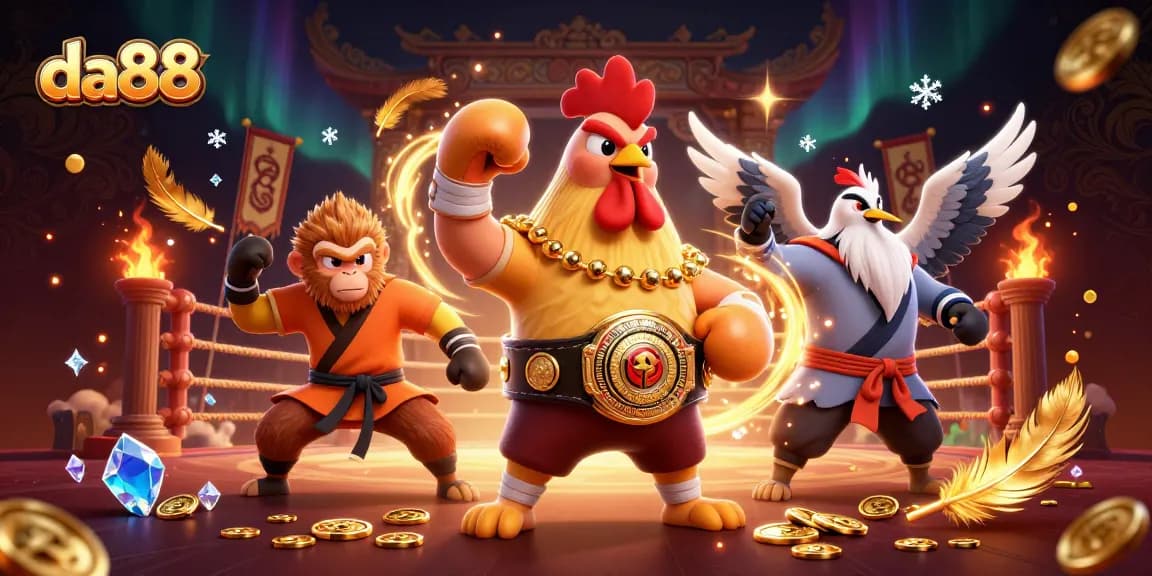 Engage with da88's vibrant casino scene featuring martial artists and golden tokens.
