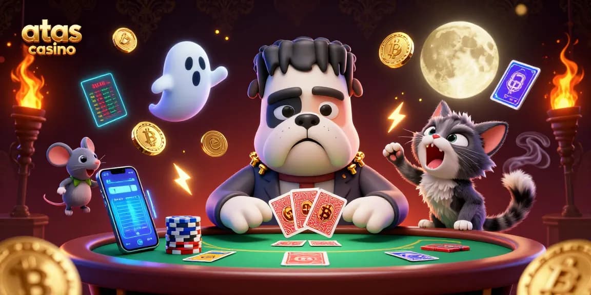 Engage in thrilling gaming at atas casino with a lively, 3D illustration of characters in tension-filled card play.