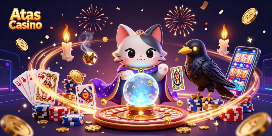 Experience the thrill of Atas Casino with an exciting 3D illustration showcasing mystical characters, coin-filled action, and vibrant casino elements.