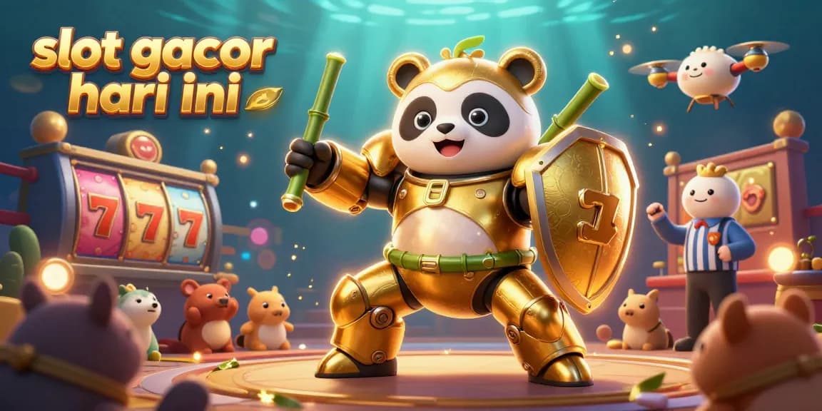 Experience the thrill of slot gacor hari ini with an exciting mech-suit panda in a vibrant casino arena.