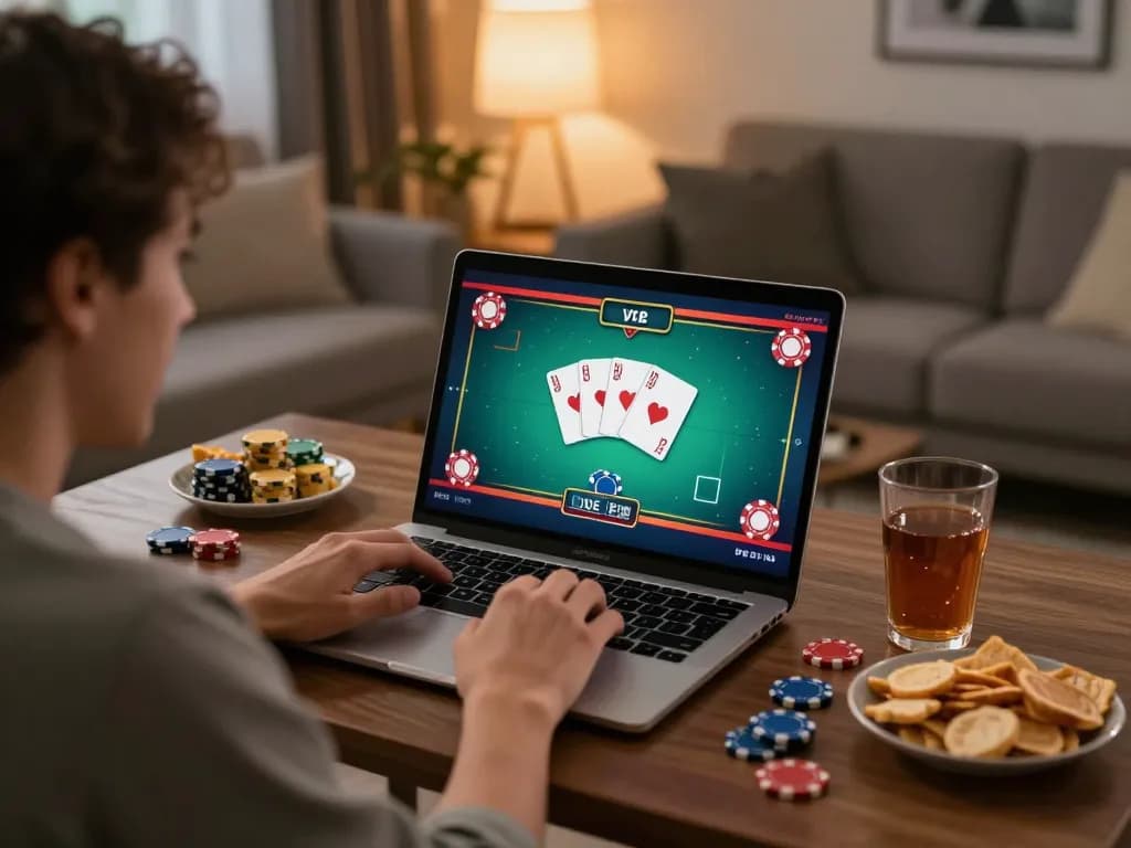 Engaged player at home using 78wingo for online poker gaming, showcasing excitement and strategy