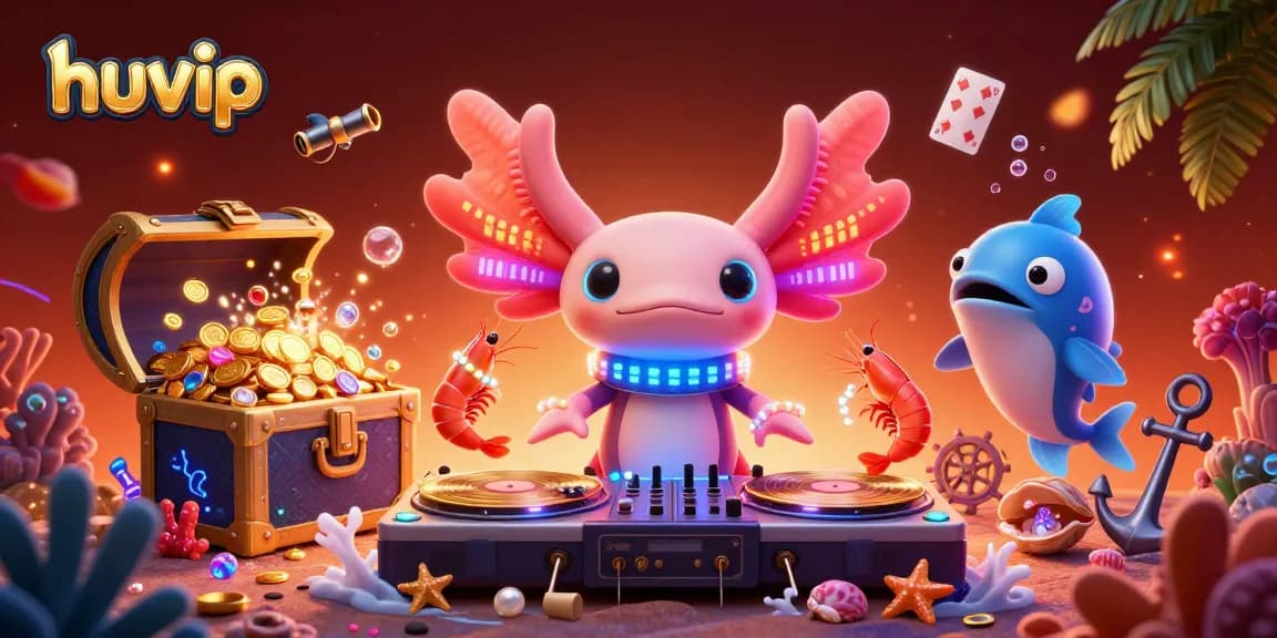 Engage with huvip's vibrant casino games through a dynamic underwater party featuring colorful characters.