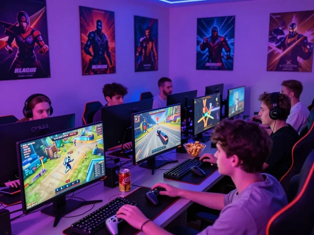 Exciting group gaming experience at mantra88 with neon ambiance and diverse game genres.