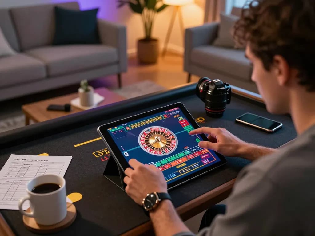 Engaged player exploring 789WIN's online roulette game on a tablet in a cozy home setting.