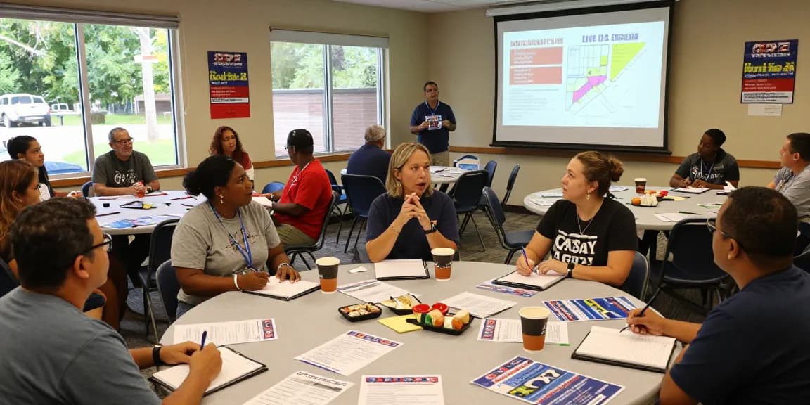 Discussion on Casey Askar's candidacy at community center with engaged voters and campaign materials.