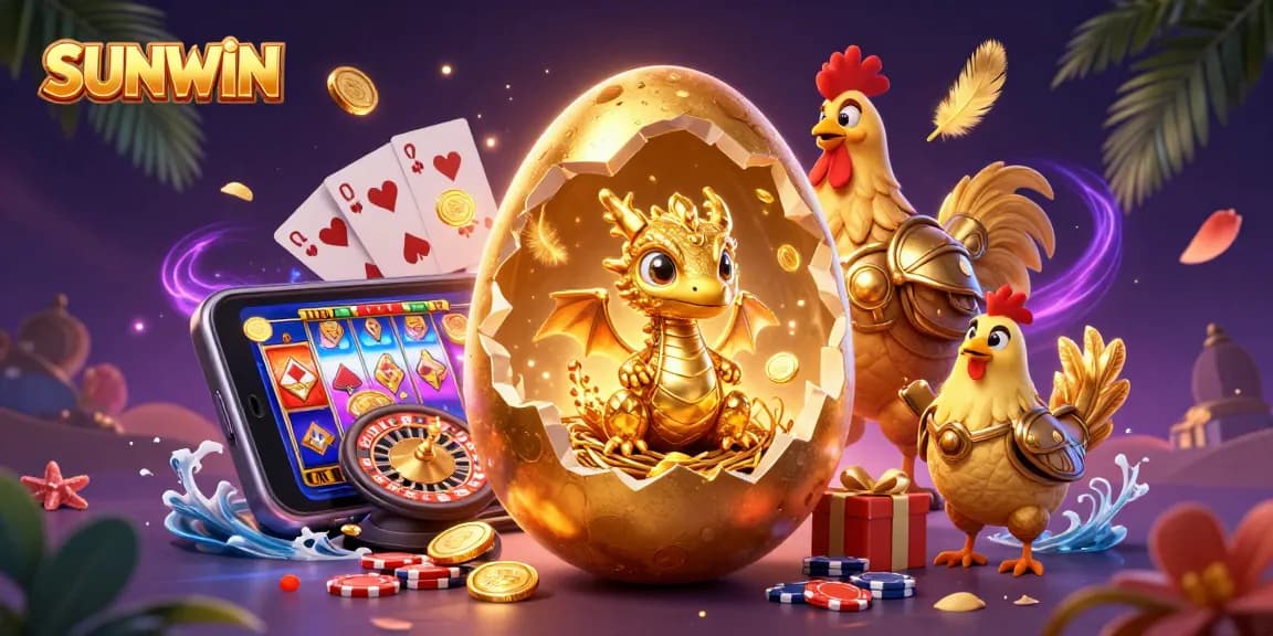 SUNWIN captivates gamers with a majestic golden egg revealing a crystal dragon among casino treasures.