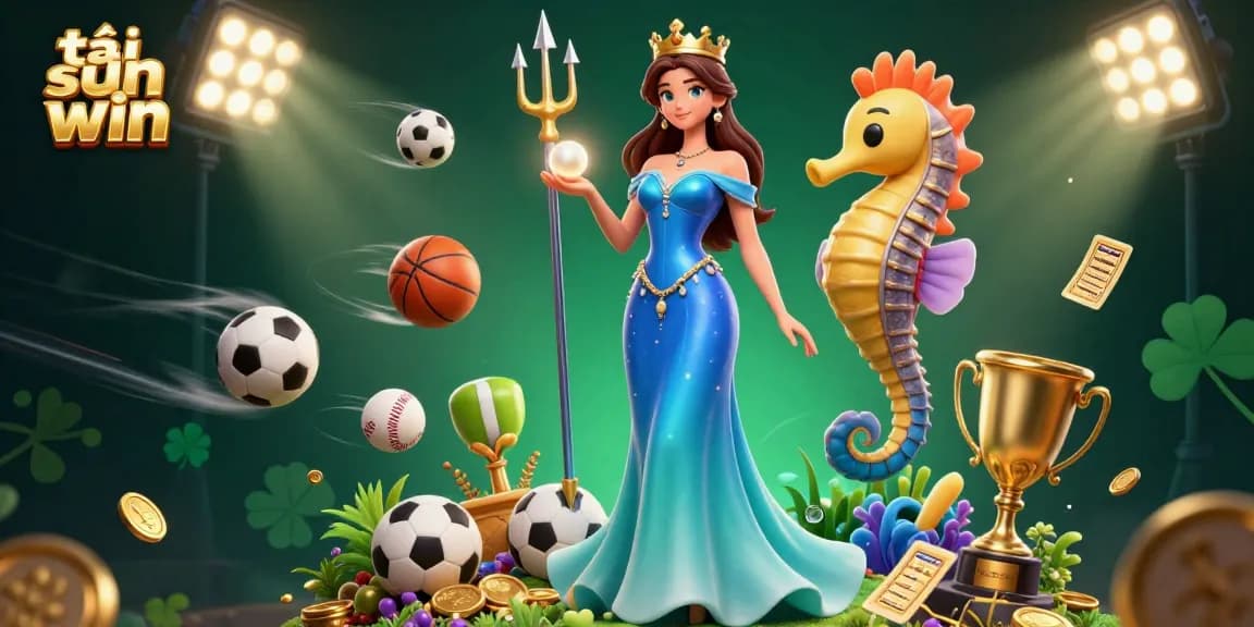 Experience the thrill of tải sun win with a stunning underwater casino illustration featuring a glowing pearl and dynamic sports elements.