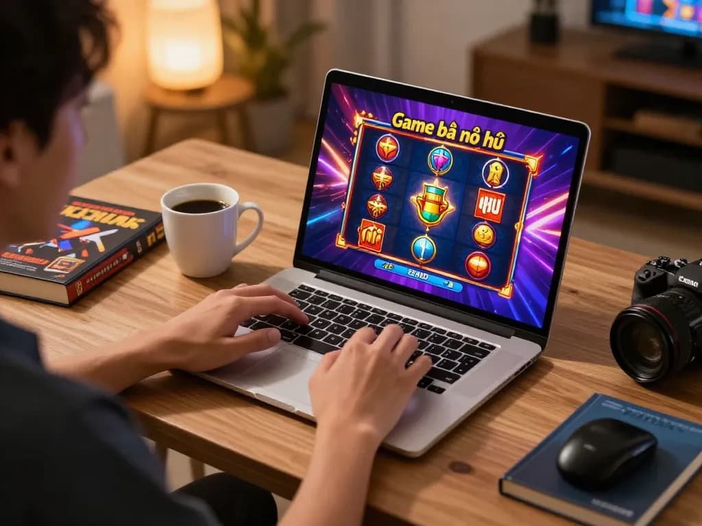 Playing Game bài nổ hũ online on a laptop in a cozy home office setting, showcasing vibrant gambling graphics.