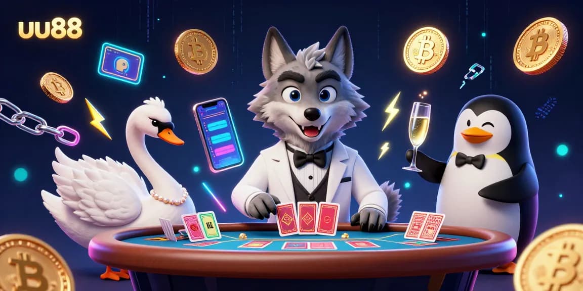 Experience the excitement at uu88 with a dynamic 3D casino illustration of a wolf, swan, and penguin.