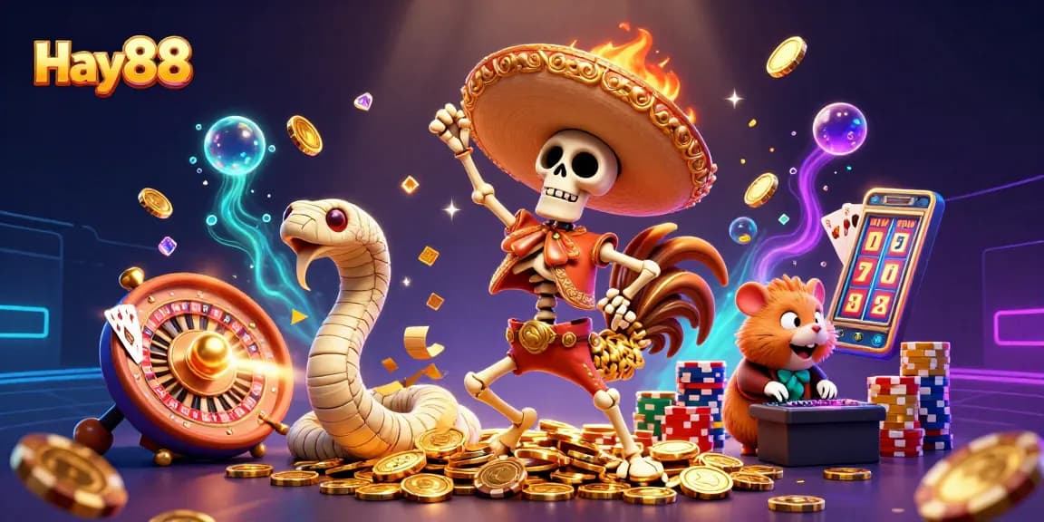 Engaging Hay88 scene with characters dancing amidst golden coins and casino elements, depicting excitement.