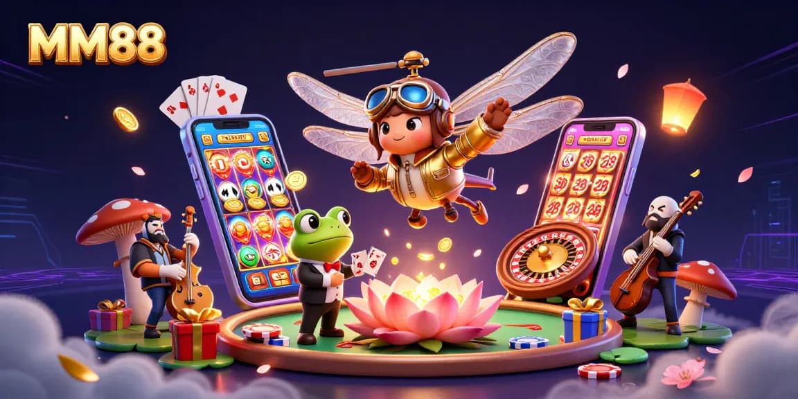 Bet on MM88 as a 3D cartoon dragonfly and frog bring colorful gaming to life