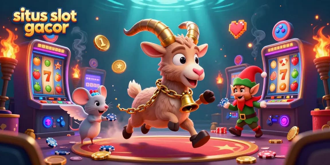 Play slots at situs slot gacor with a thrilling scene of jackpot action, featuring playful characters.
