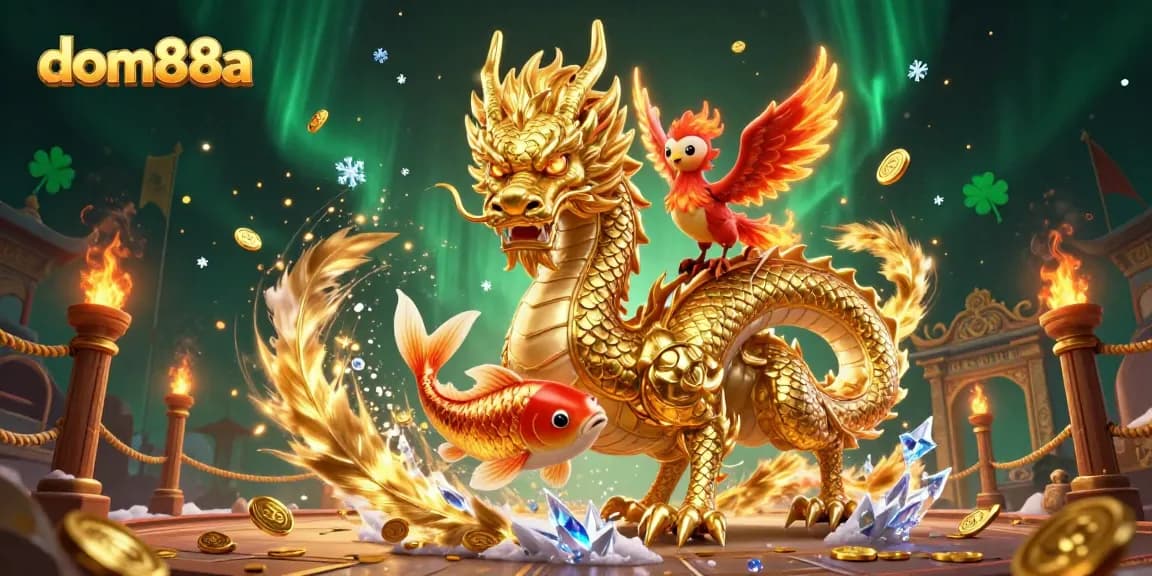 Engage with dom88a's vibrant gaming world featuring golden dragon, phoenix, and koi in action.