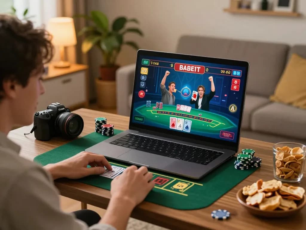 Engaging in online gambling with nhacaiuytinn live dealer game, displaying excitement and strategy at home.