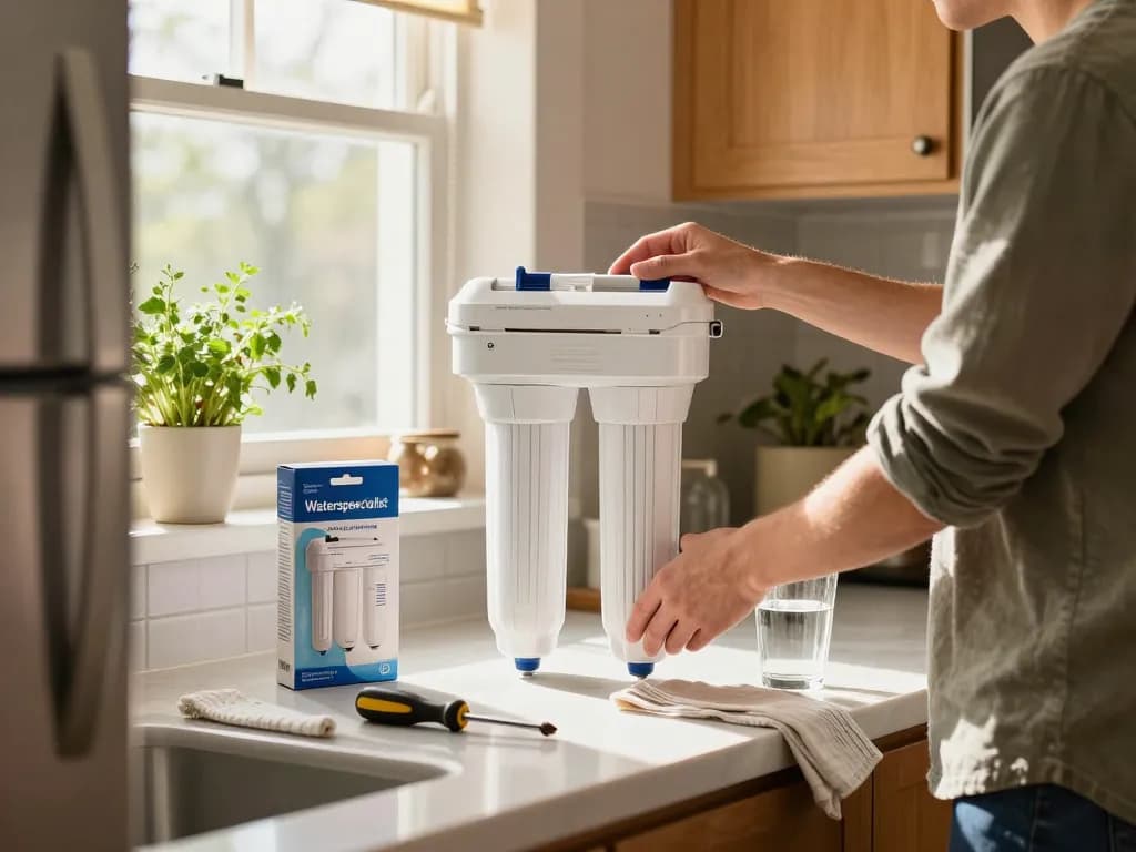 Installing Waterspecialist Refrigerator Water Filter in a modern kitchen.