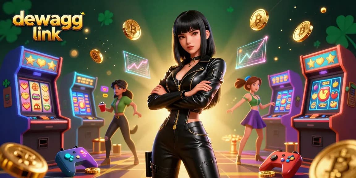 Bet on big wins with dewagg link, showcasing a dynamic casino scene with golden Bitcoin and colorful slot games.