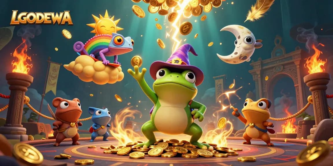 Experience winnings with LGODEWA as characters create a vibrant storm of coins in this casino-themed illustration.