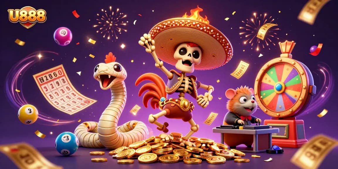Experience U888's vibrant casino world with a lively mariachi rooster, a mummy snake, and a DJ hamster in celebration.
