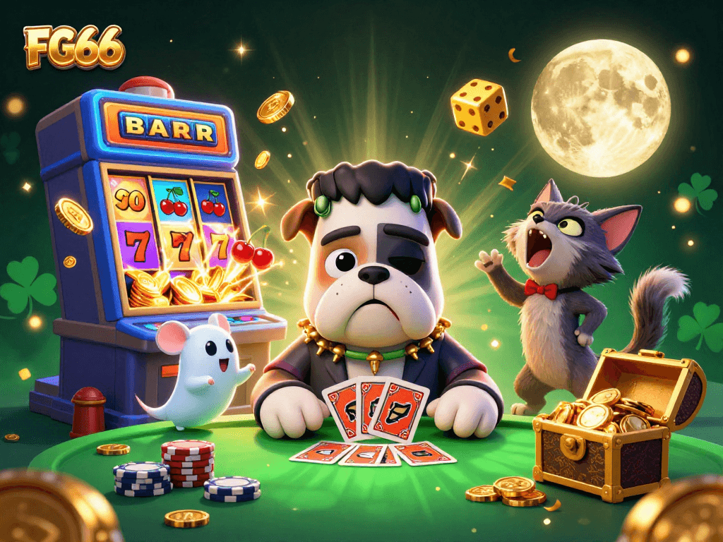 Experience the excitement of FG66 as a Frankenstein bulldog monster deals cards amidst a jackpot explosion!