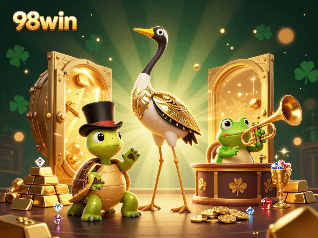 Experience 98win excitement through a vivid casino scene with lively characters and luxury treasures.