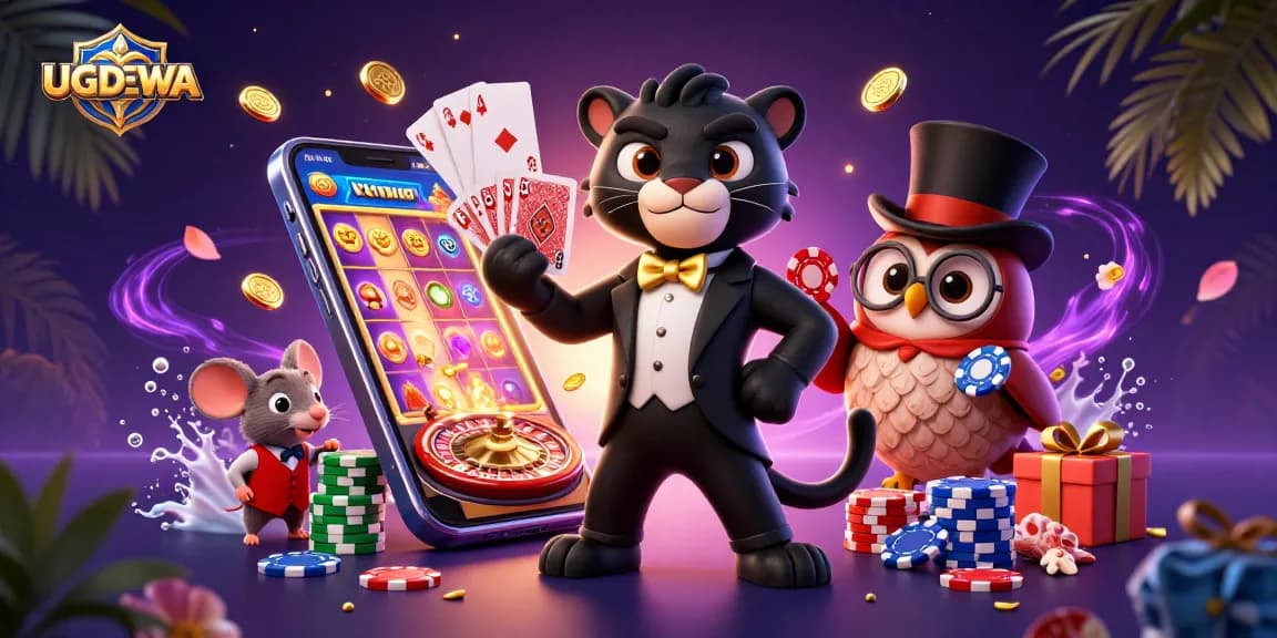Engage with UGDEWA's thrilling slots, vibrant casinos, and exciting gaming adventures in a lively 3D scene.