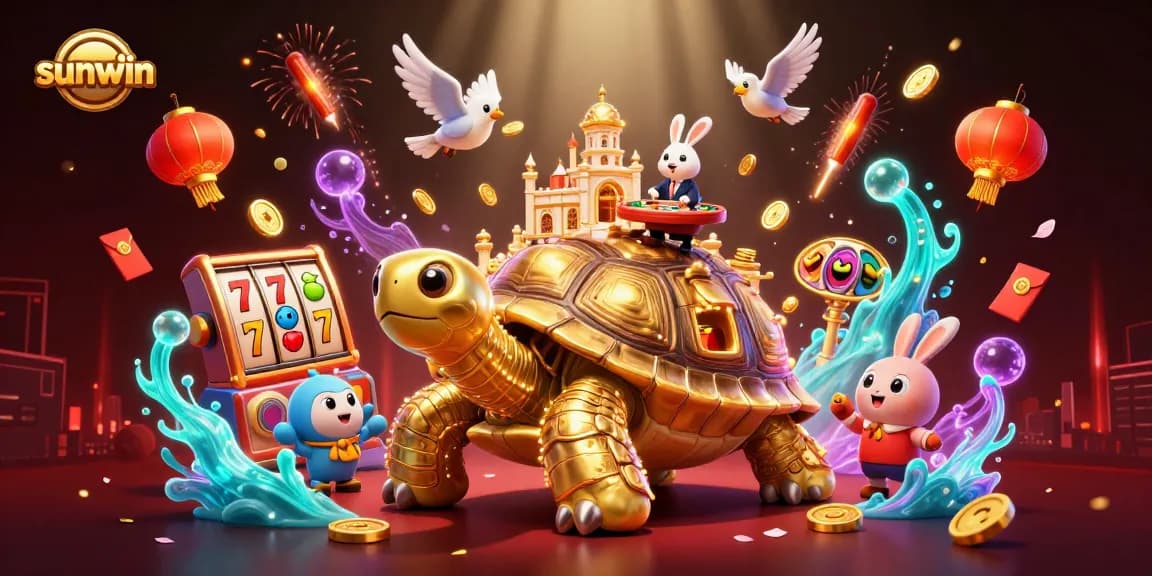 Explore thrilling casino adventures with sunwin's golden tortoise and vibrant slot reels in this dynamic scene.