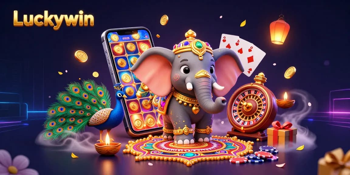 Win big with Luckywin in this vibrant 3D casino scene featuring dynamic slot games and colorful characters.