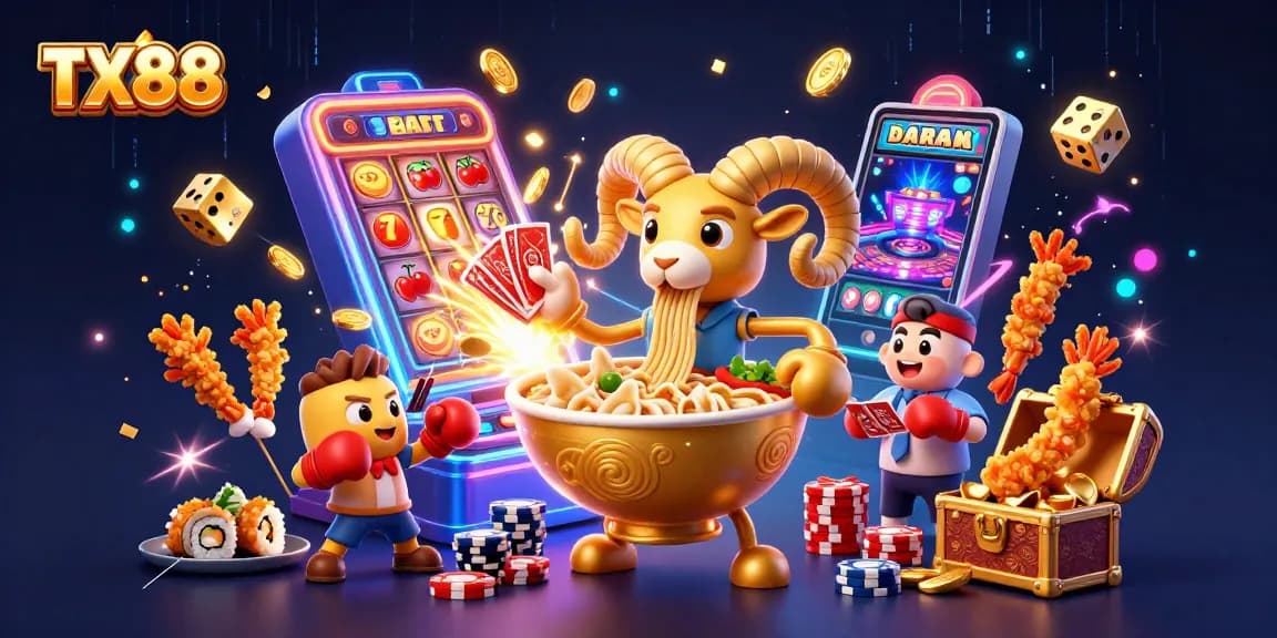Experience the thrill of TX88 with a vibrant 3D casino scene featuring giant ramen bowl dealers and explosive jackpots.
