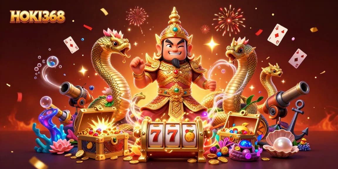 HOKI368 showcases a vibrant slot gaming scene with a friendly yaksha guardian and treasure gems.