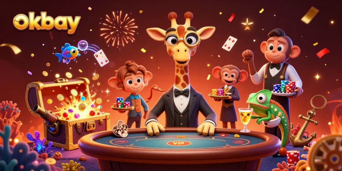 Engage with thrilling games at okbay, featuring a giraffe high-roller at a poker table.