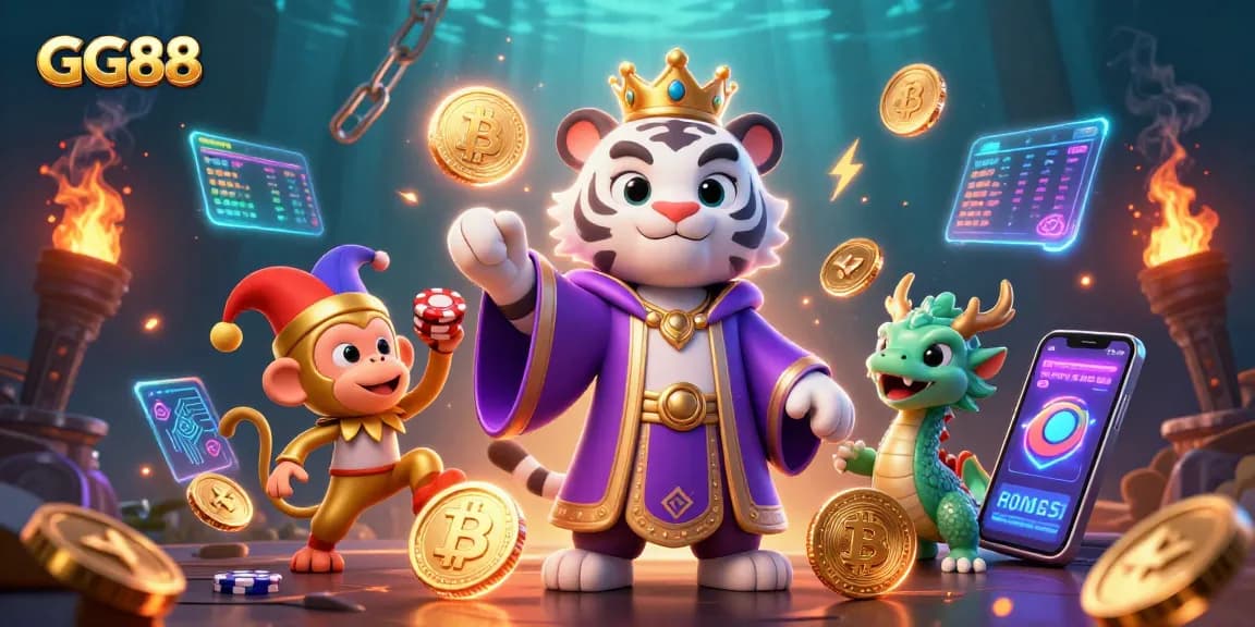 Experience the excitement of GG88 online gameplay with vibrant 3D characters and crypto elements.