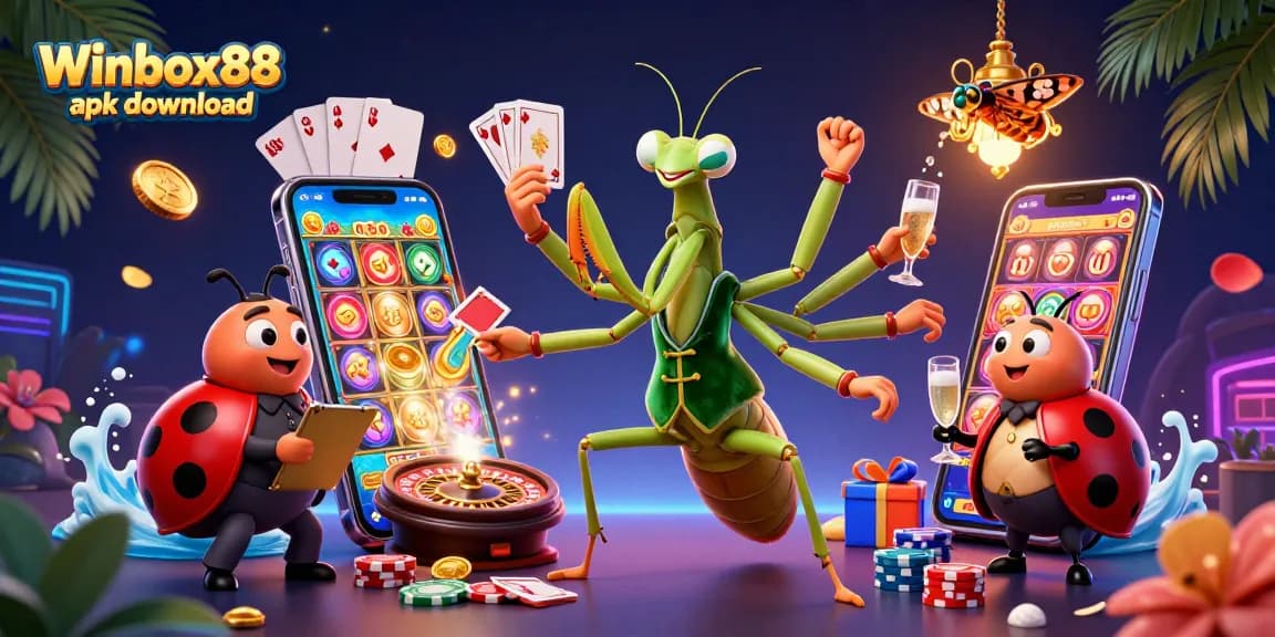 Engage with the Winbox88 apk download illustrated scene showcasing vibrant casino elements and characters.