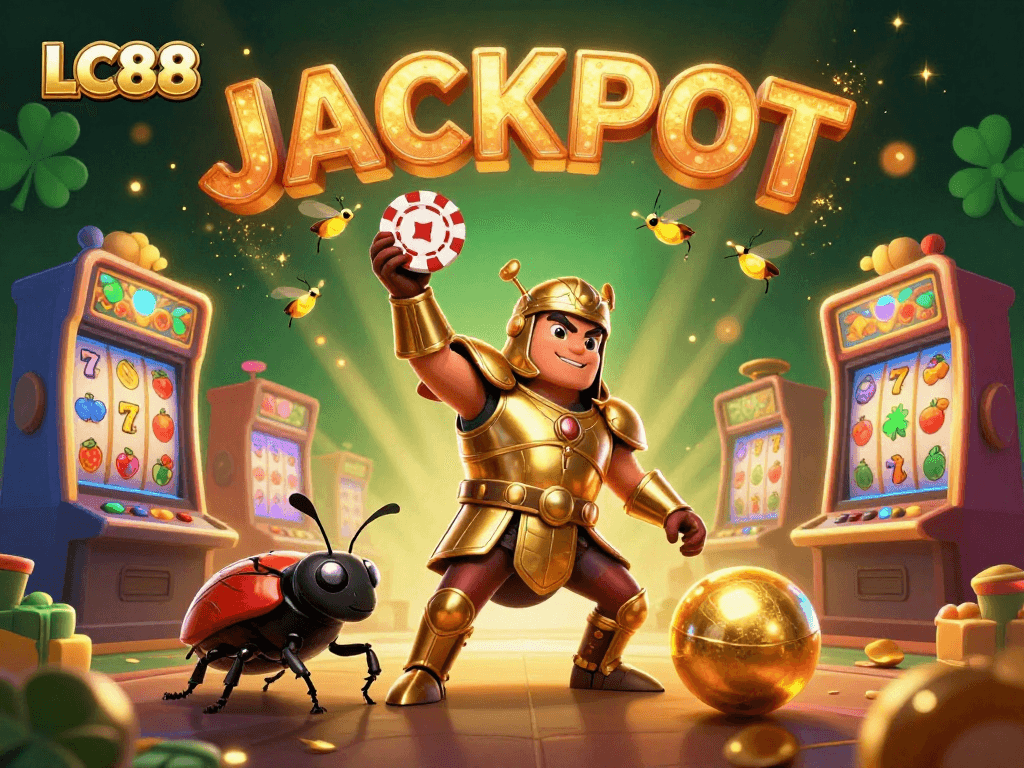 Experience thrilling slots at LC88, featuring a vibrant scene with animated beetles and jackpot displays.