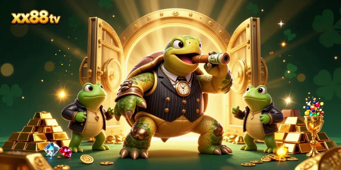Experience the thrilling world of xx88 tv with a vibrant 3D scene showcasing a turtle in a mobster suit and froggy enforcers.
