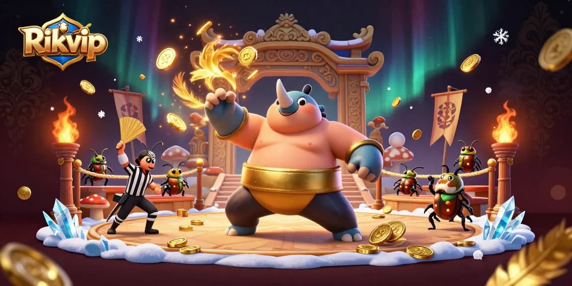Experience the excitement of the Rikvip online casino as the sumo champion beetle celebrates with coins flying in the air.