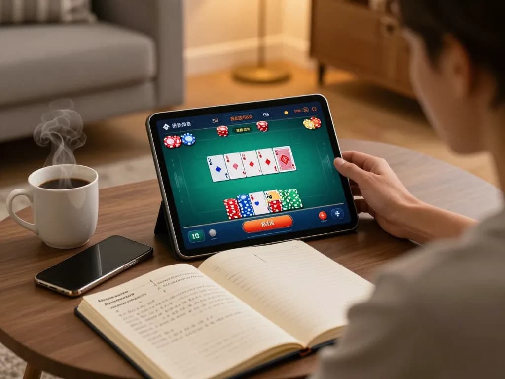 Engaging in GAME ONLINE poker strategy at home with a tablet, showcasing gameplay and bankroll notes.