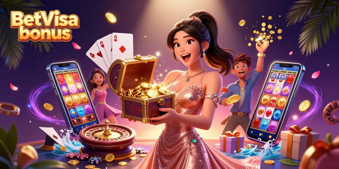Experience the BetVisa bonus with a stunning illustration featuring an Asian woman revealing treasure in a casino setting.