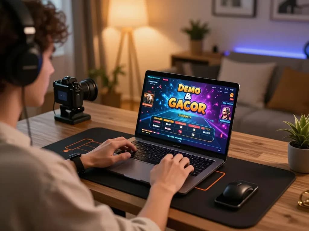 Engaging in Demo Gacor gameplay on laptop in a cozy, well-decorated home office space.