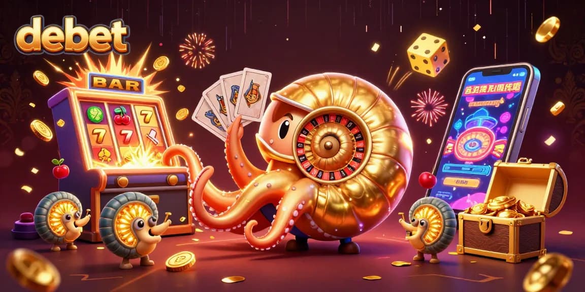 Debet symbolizes fun and excitement as the nautilus rolls the dice and cards in a vibrant casino scene.