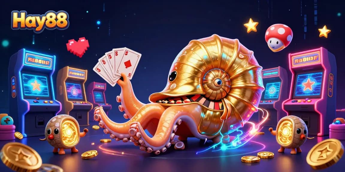 Hay88 players enjoying dynamic casino gaming with nautilus and ammonite companions, surrounded by vibrant arcade elements.