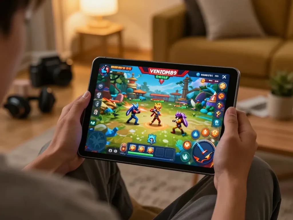 Engaging player exploring VENOM889 Datfar mobile game rewards in a cozy home setting