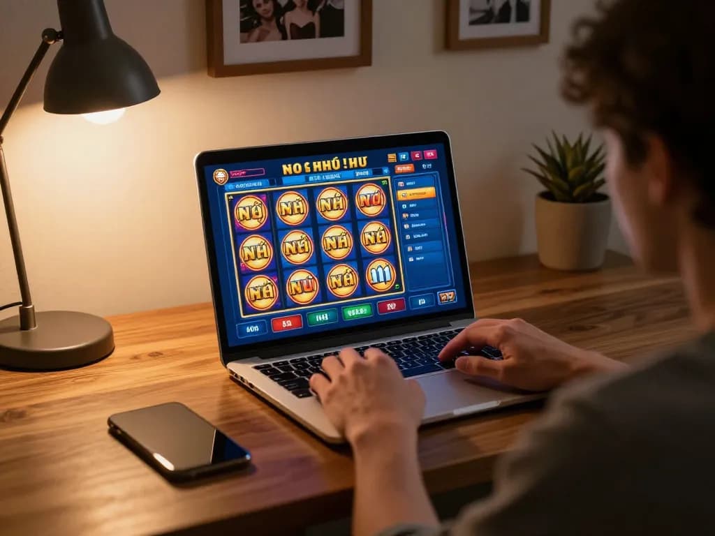 Engaging in nổ hũ gameplay on a laptop with an inviting home setup.